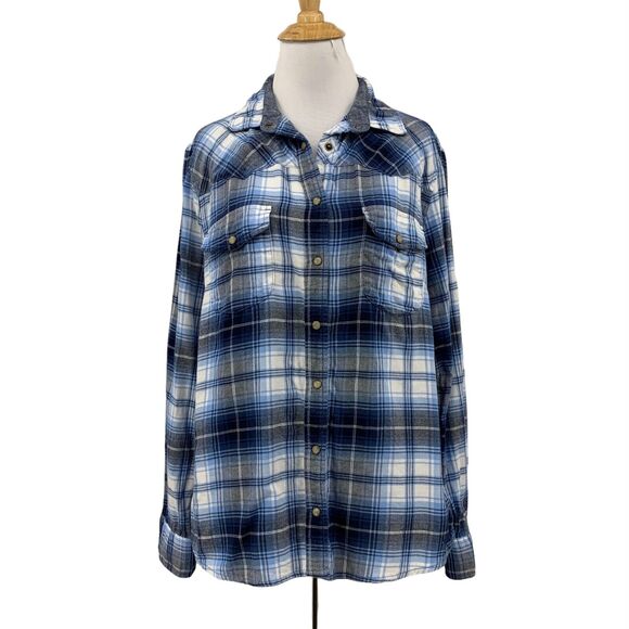 Jachs Girlfriend Shirt Womens M Medium Flannel Blue White Pearl Snap Button Up - Picture 1 of 13